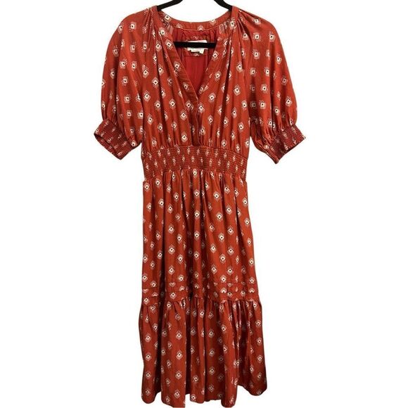 Anthropologie Boho Rust Red Smocked Waist Midi Dress sz S Petite – Geometric Blo - Picture 1 of 15